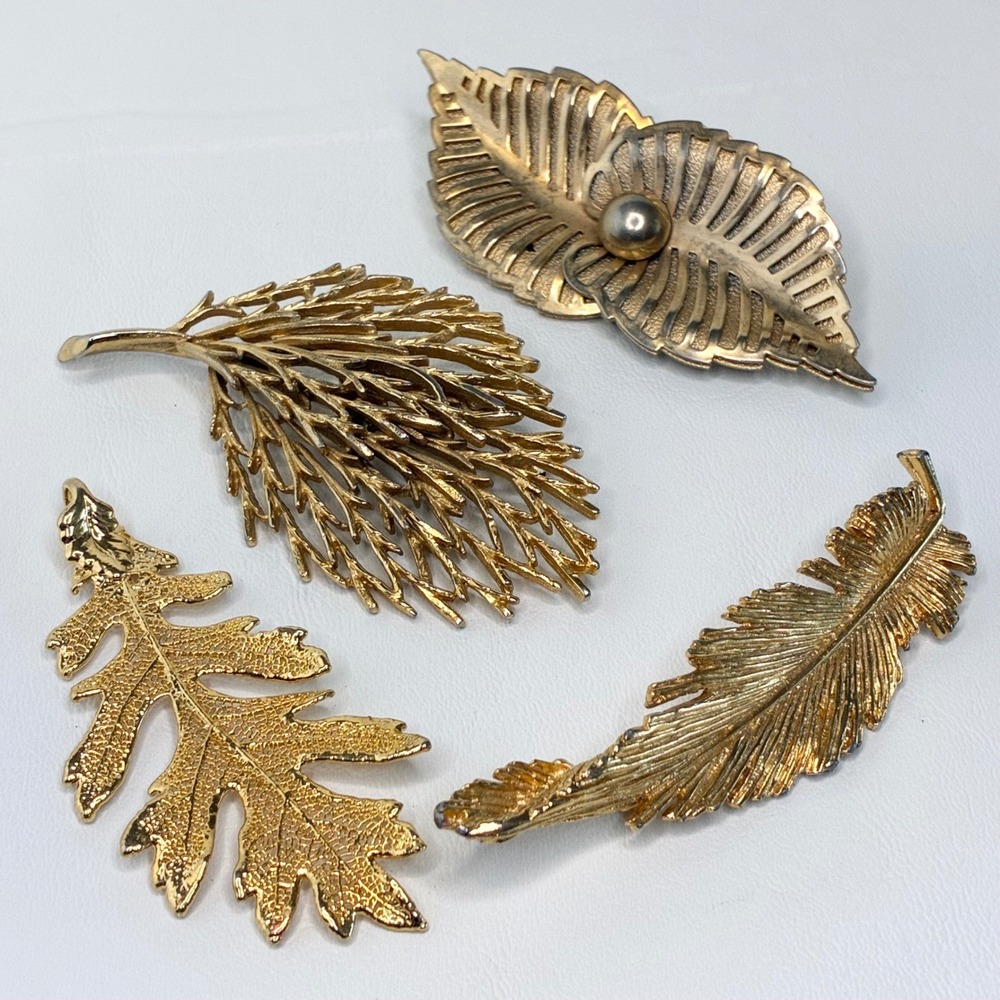 Vintage Leaf Brooch Pendant Lot Gold Tone Feather Oak Pine Botanical Pins